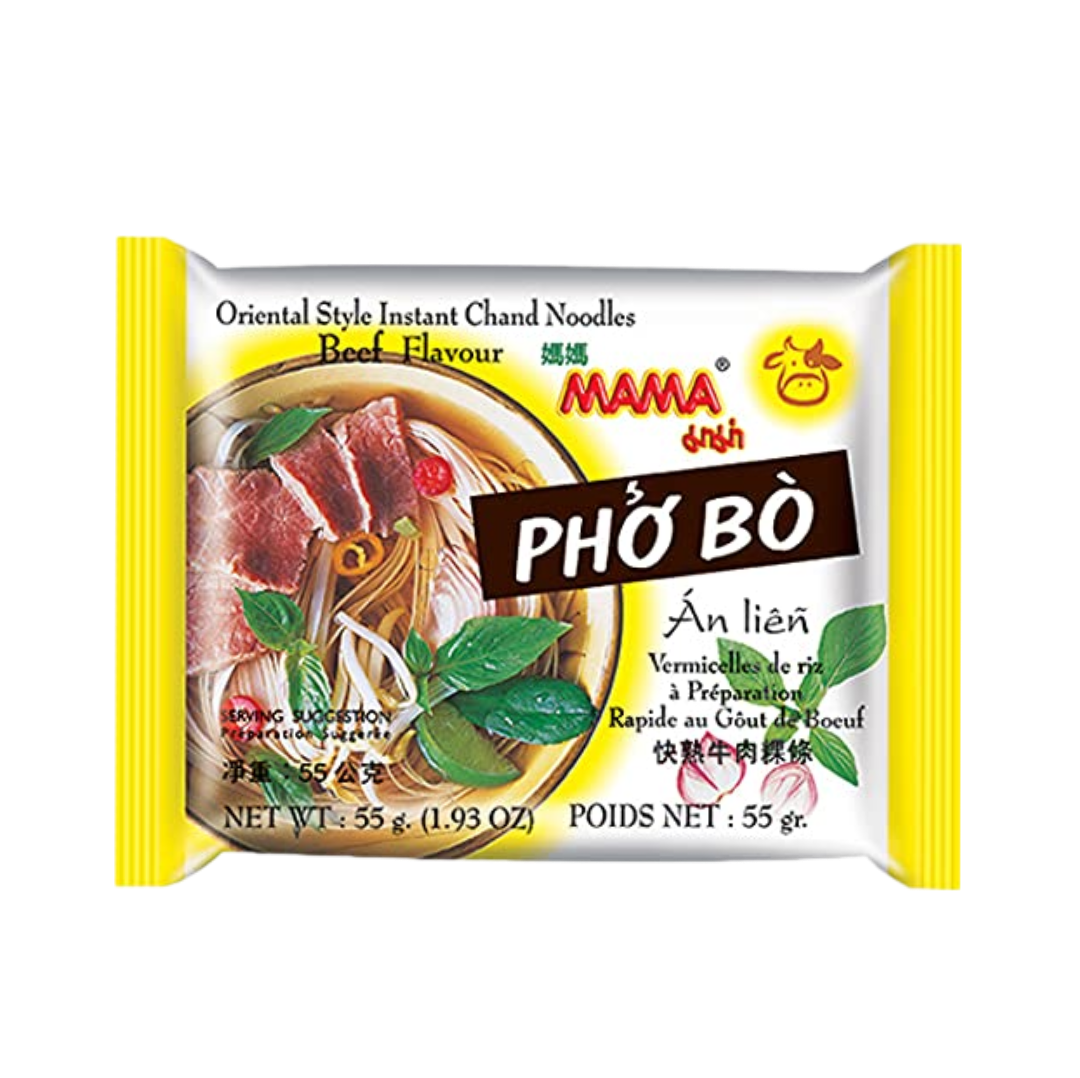 Packaging of Mama Pho Bo Rice Noodles with Artificial Beef Flavor, showing the product and its name in Vietnamese and English.