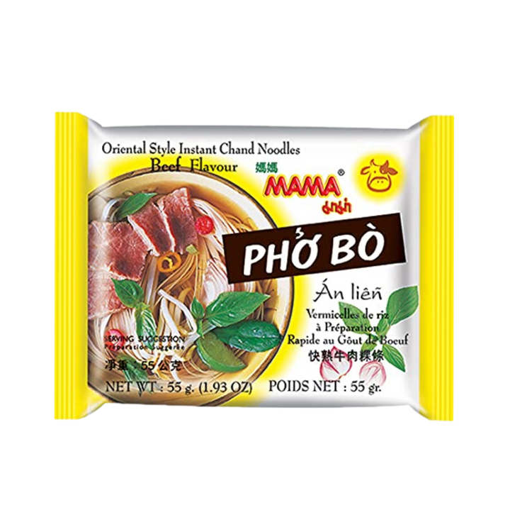Packaging of Mama Pho Bo Rice Noodles with Artificial Beef Flavor, showing the product and its name in Vietnamese and English.