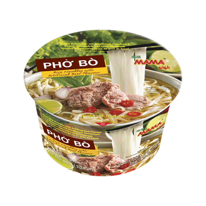 Bowl of Pho Bo noodles with beef from Mama brand on a white background