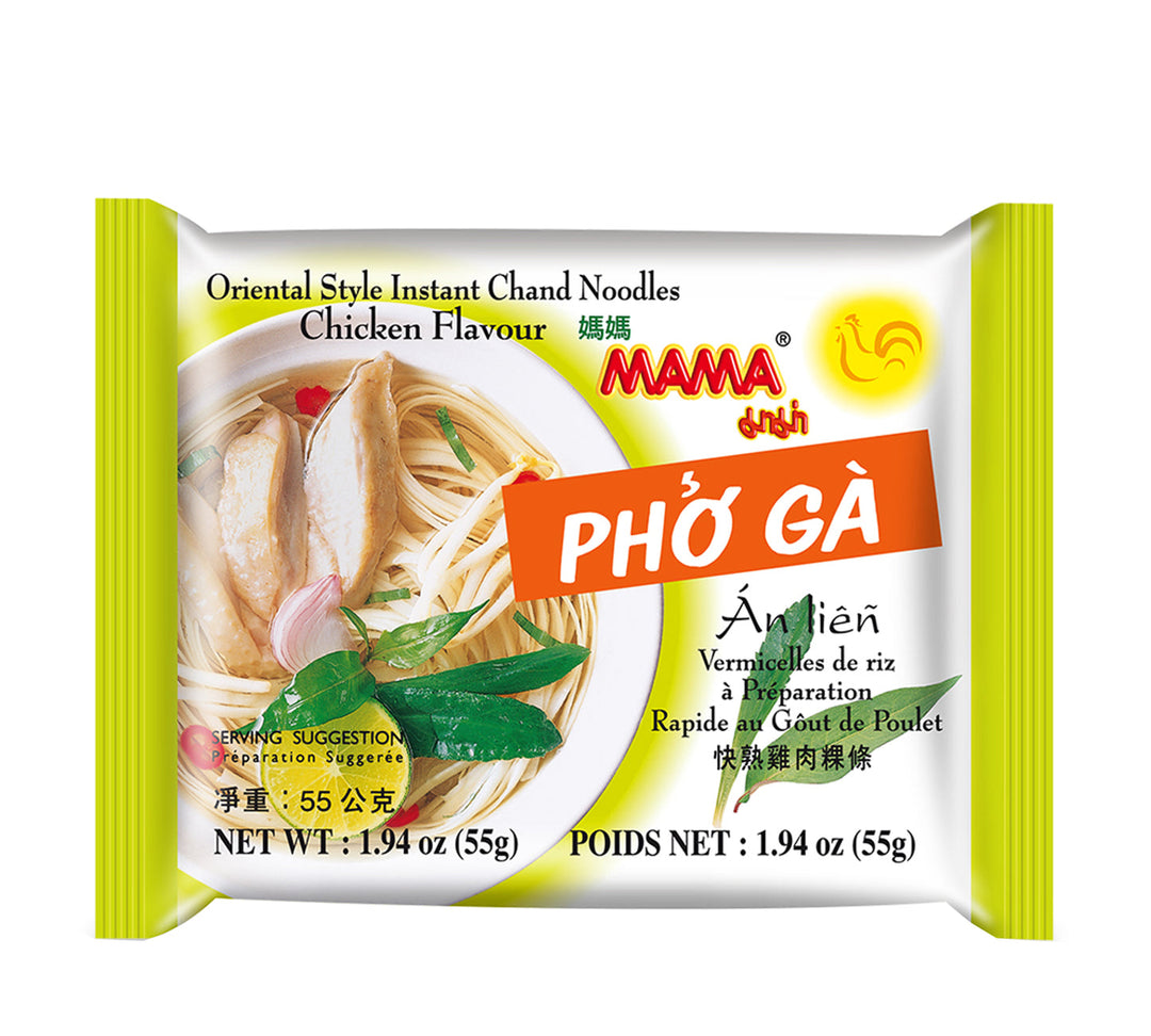 Package of Mama Instant Rice Noodles Pho Ga Chicken Flavor showing the product and its chicken flavour branding.