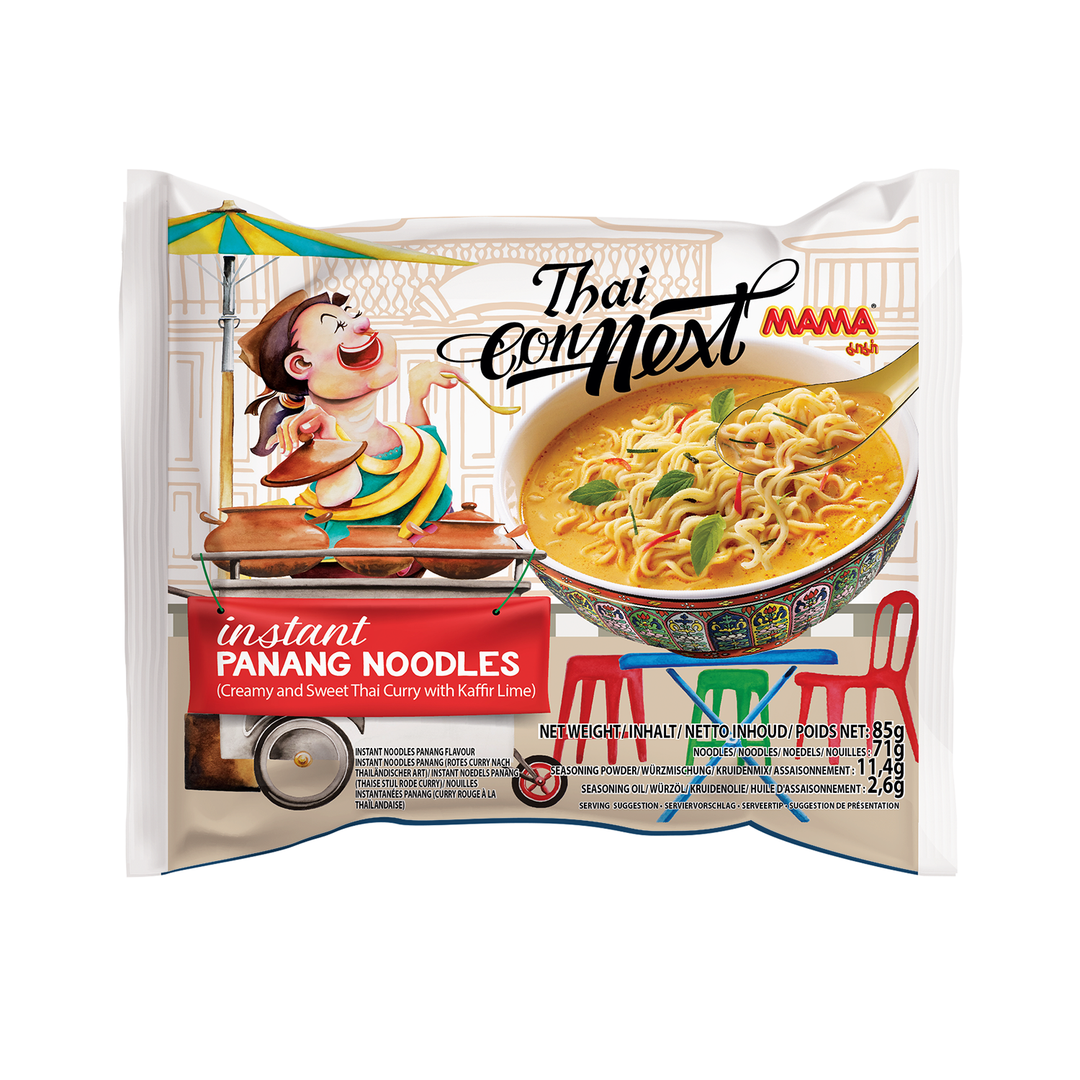 Packaging of Thai Con Next instant Panang noodles with a cartoon character on a white background