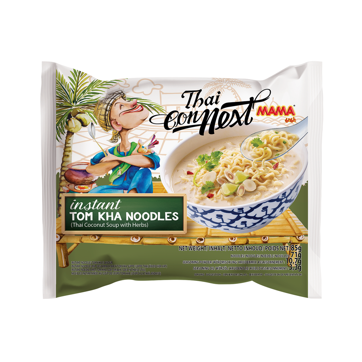 Packaging of Thai Connect Mama instant Tom Kha Noodles on a white background