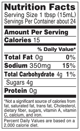 Nutrition facts label for a product with serving size, calories, fat, sodium, carbohydrate, sugar, and protein content.
