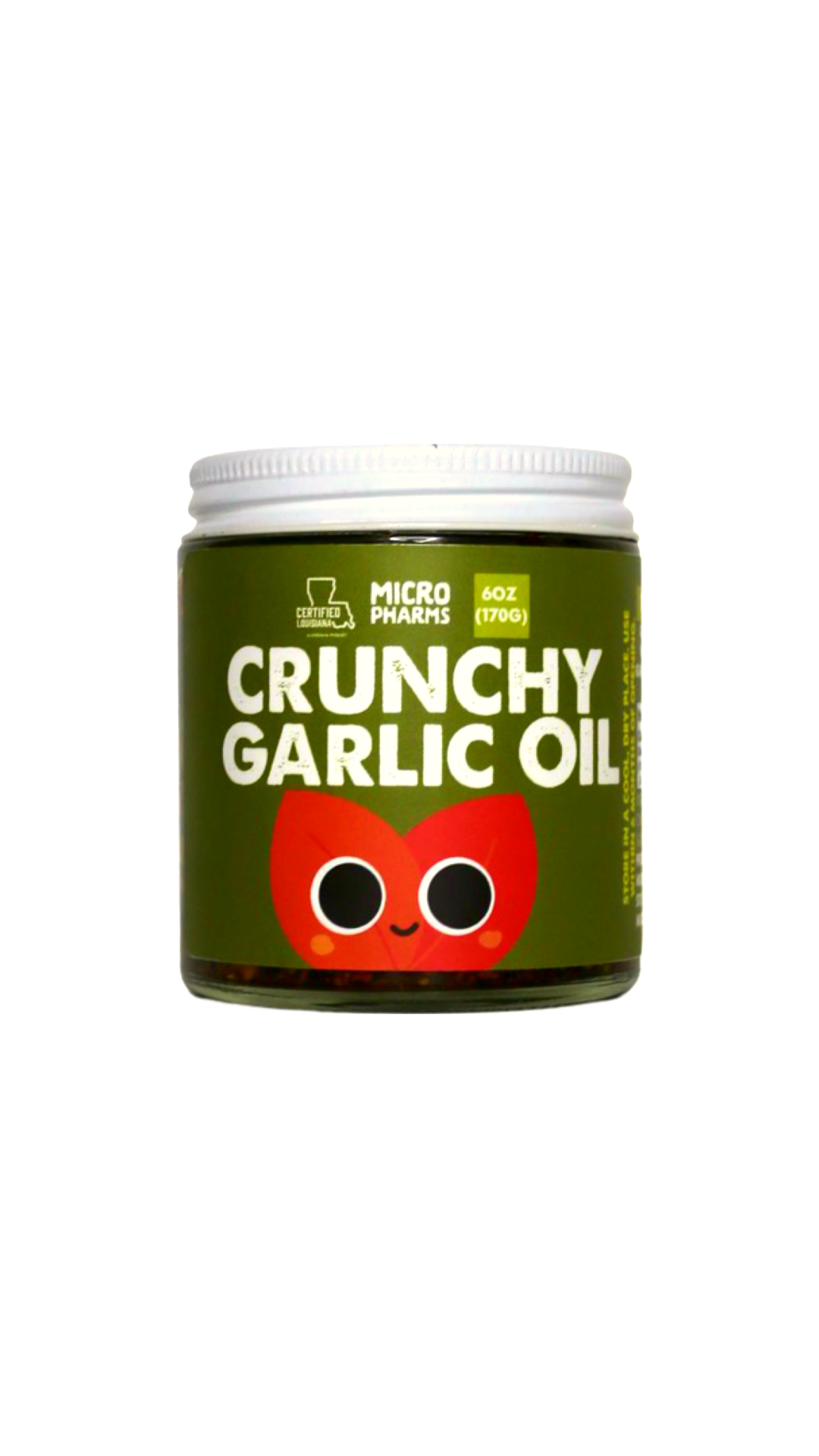 A jar of Micropharm's Crunchy Garlic Oil on a plain white background. The jar has a dark olive green label with bold white text and a red cartoon garlic bulb graphic, topped with a white screw-on lid.