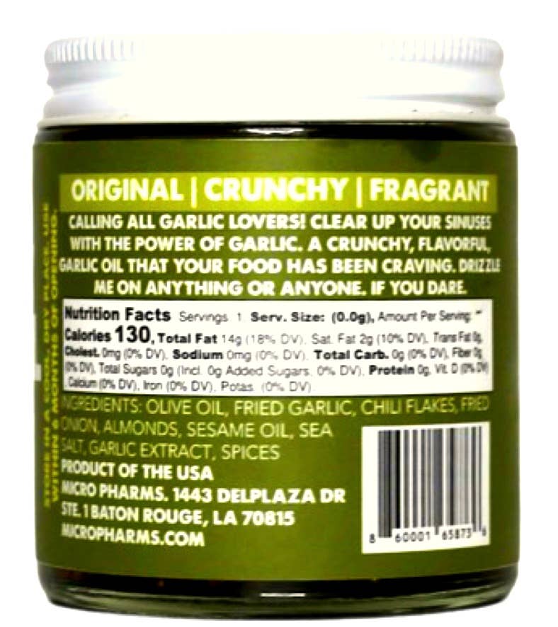 A jar of Micro Pharms Original Crunchy Fragrant Garlic Oil, showing the back label with product details, ingredients, and a barcode.