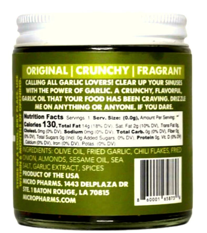 A jar of Micro Pharms Original Crunchy Fragrant Garlic Oil, showing the back label with product details, ingredients, and a barcode.