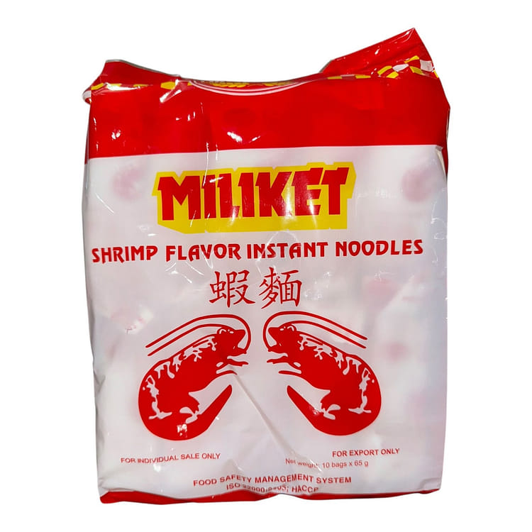 Miliket Shrimp Flavor Instant Noodles packaging on a white background