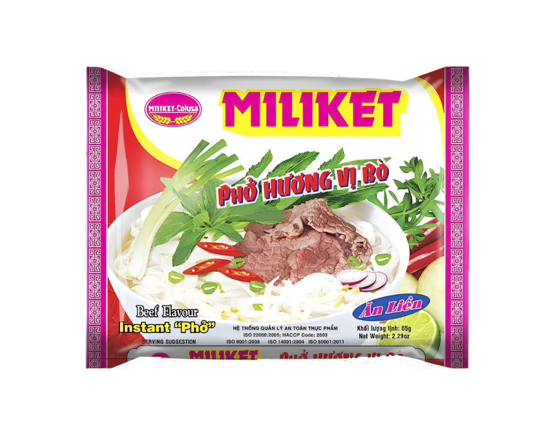 MILIKET instant pho noodle package with beef and greens on a white background