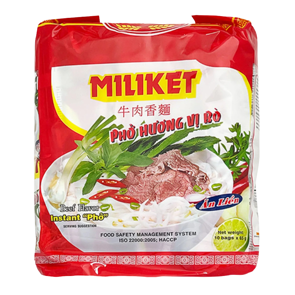 Package of Miliket instant pho with red and white design.
