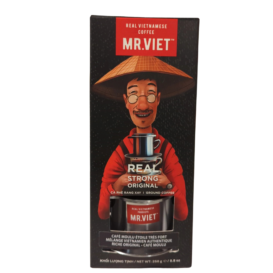 Box of Mr. Viet coffee with a person holding a coffee cup on the packaging.