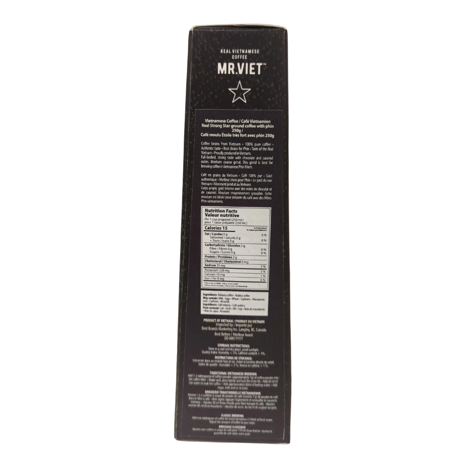 Black coffee packaging with 'MR. VIET' branding on a white background