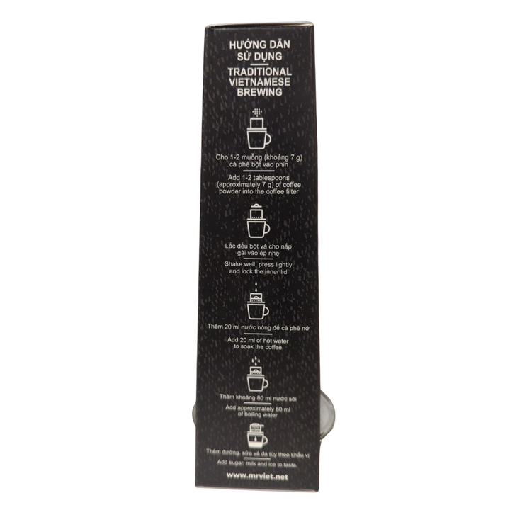 Black packaging with white text and icons for traditional Vietnamese brewing instructions.