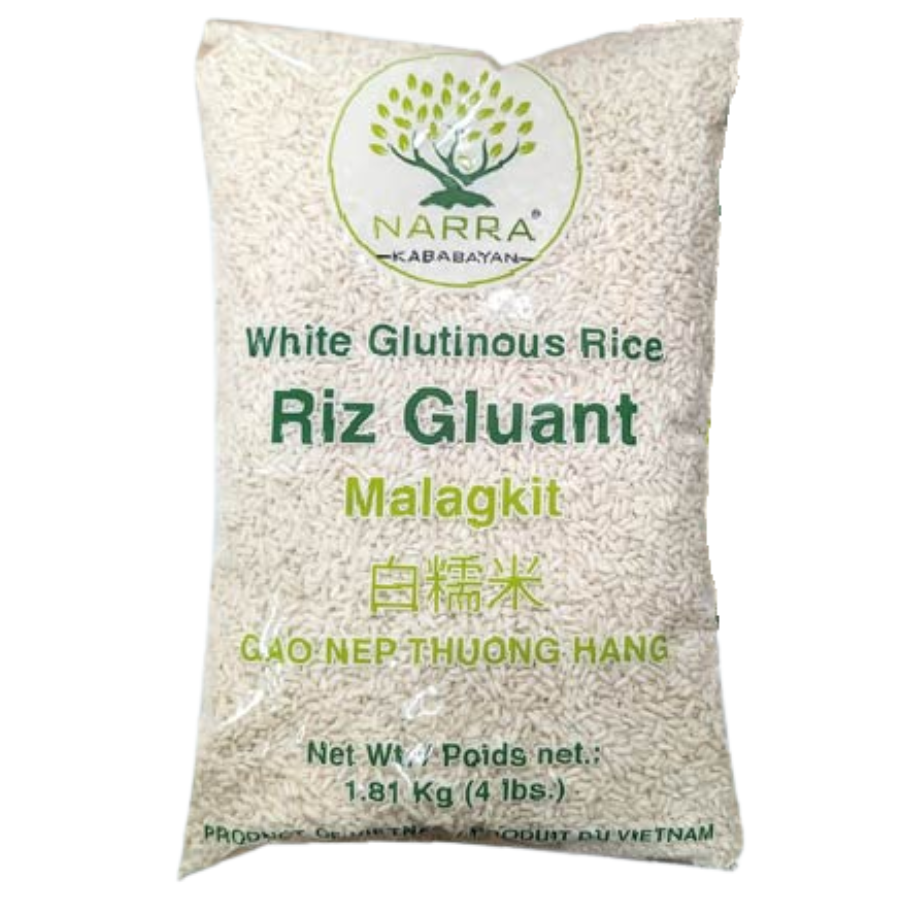 Bag of Narra white glutinous rice on a white background