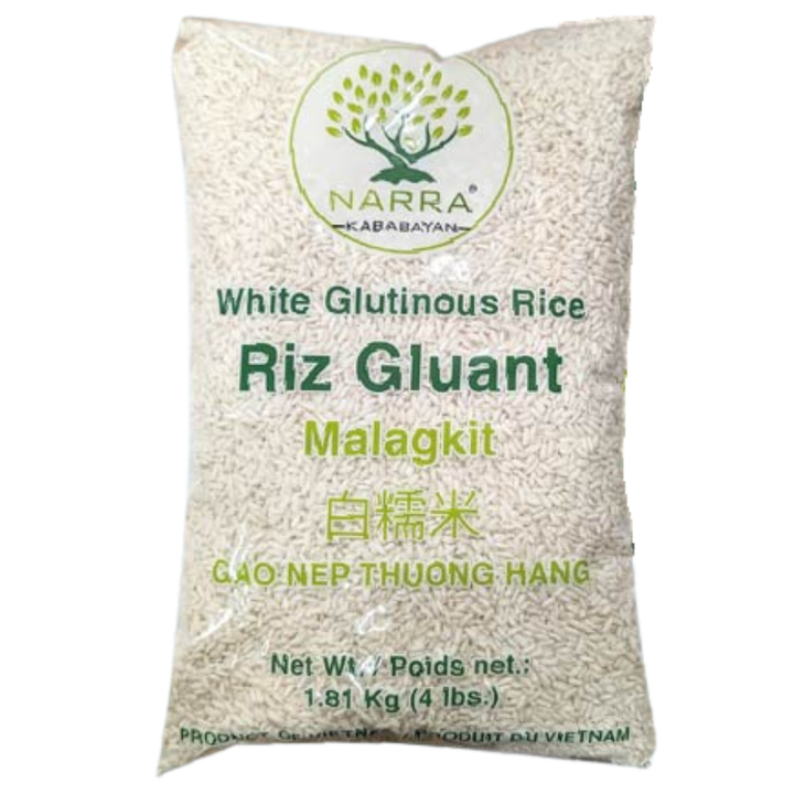 Bag of Narra white glutinous rice on a white background