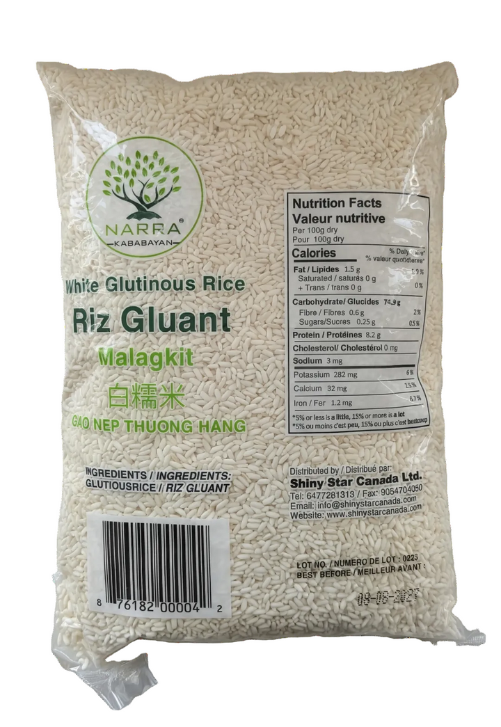 Package of Narra White Glutinous Rice with nutritional information and branding on a white background