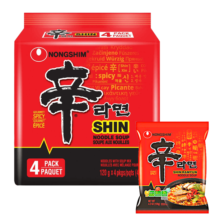 Packaging of Nongshim Shin Ramyun Noodle Soup, Gourmet Spicy flavor, with an image of the 4 pack product and a single pack in front.