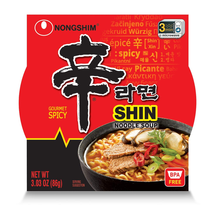 Nongshim Shin Noodle Soup package with red background and noodle bowl image.