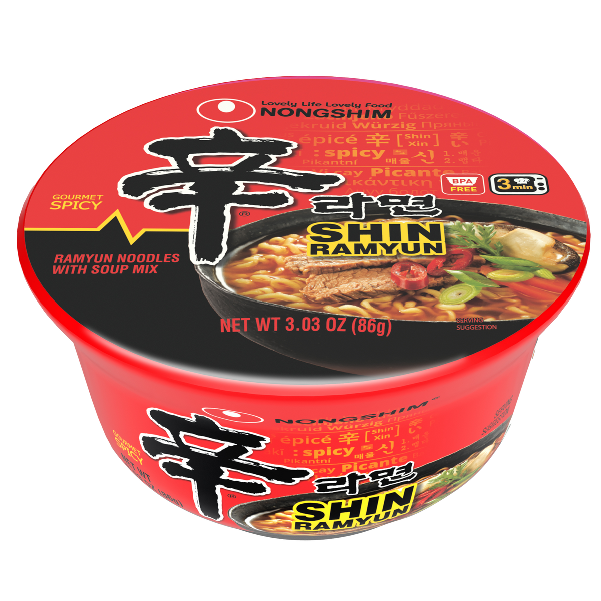 Nongshim Shin Ramyun noodles in red bowl style packaging with an image of noodles, sliced beef, chilis, diced scallions and a piece of shiritaki mushroom in a black bowl. 