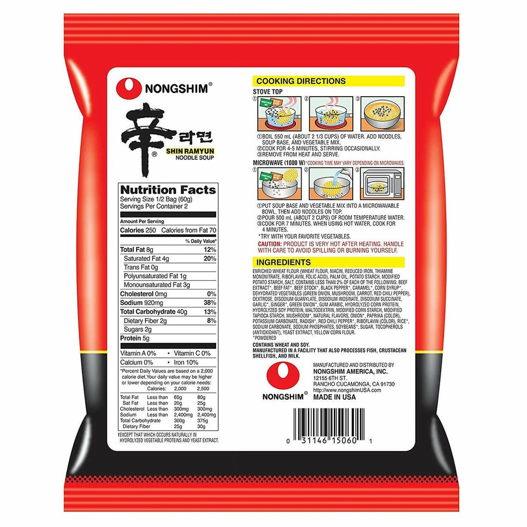 Nongshim Shin Ramyun noodle package with nutrition facts and cooking directions on a white background