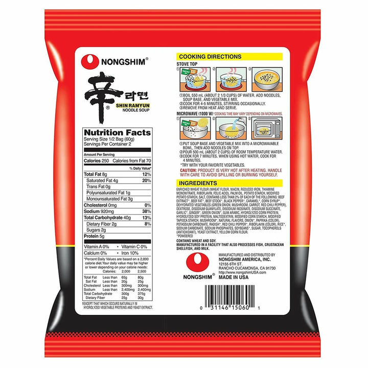 Nongshim Shin Ramyun noodle package with nutrition facts and cooking directions on a white background