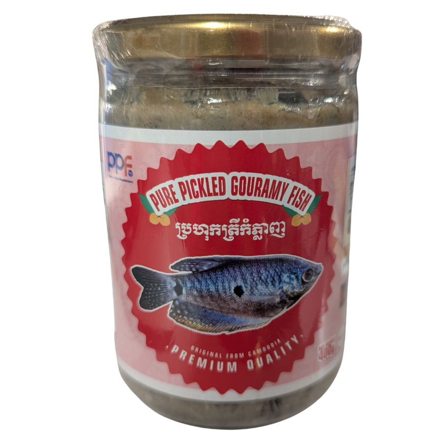 Jar of pure pickled gouramy fish with a red label on a white background