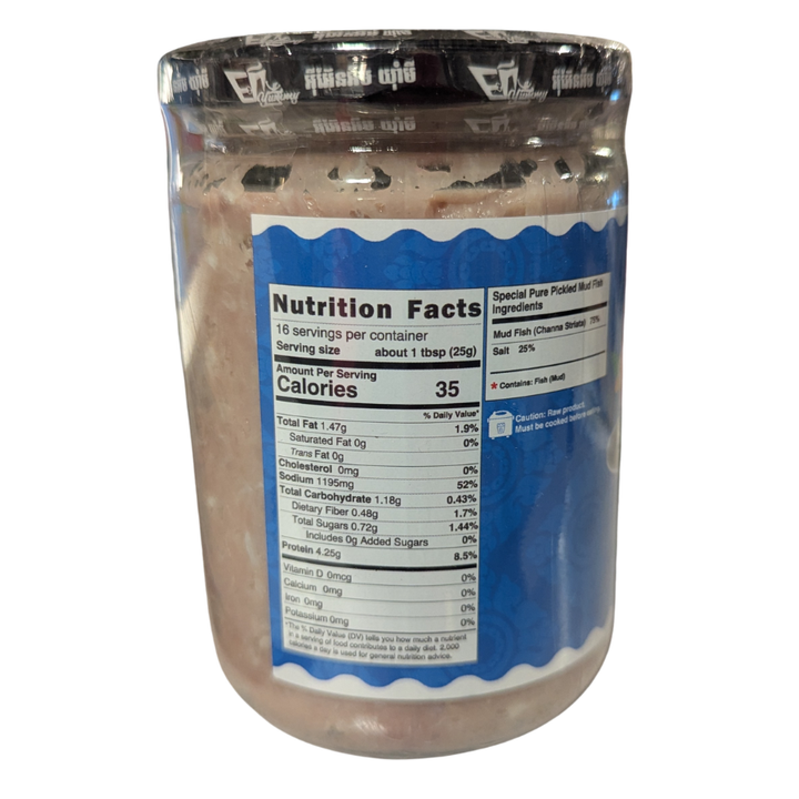 Jar of chocolate powder with a nutrition facts label on a white background