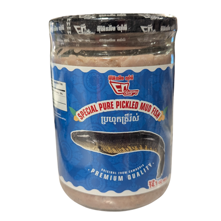 Jar of special pure pickled mud fish with a blue label on a white background