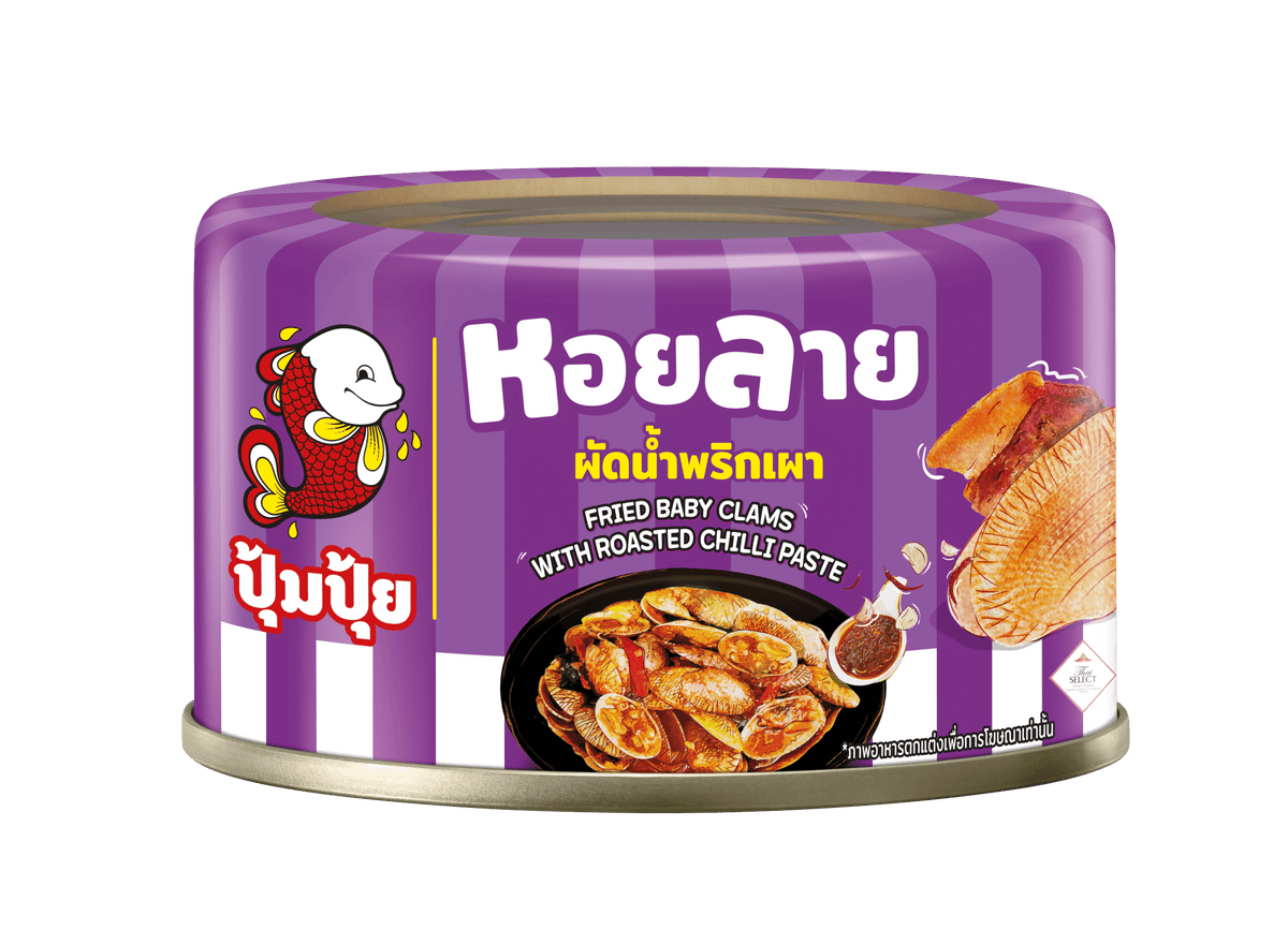 A purple can of Thai fried baby clams with roasted chili paste, featuring a cartoon fish logo and product imagery on a white background.