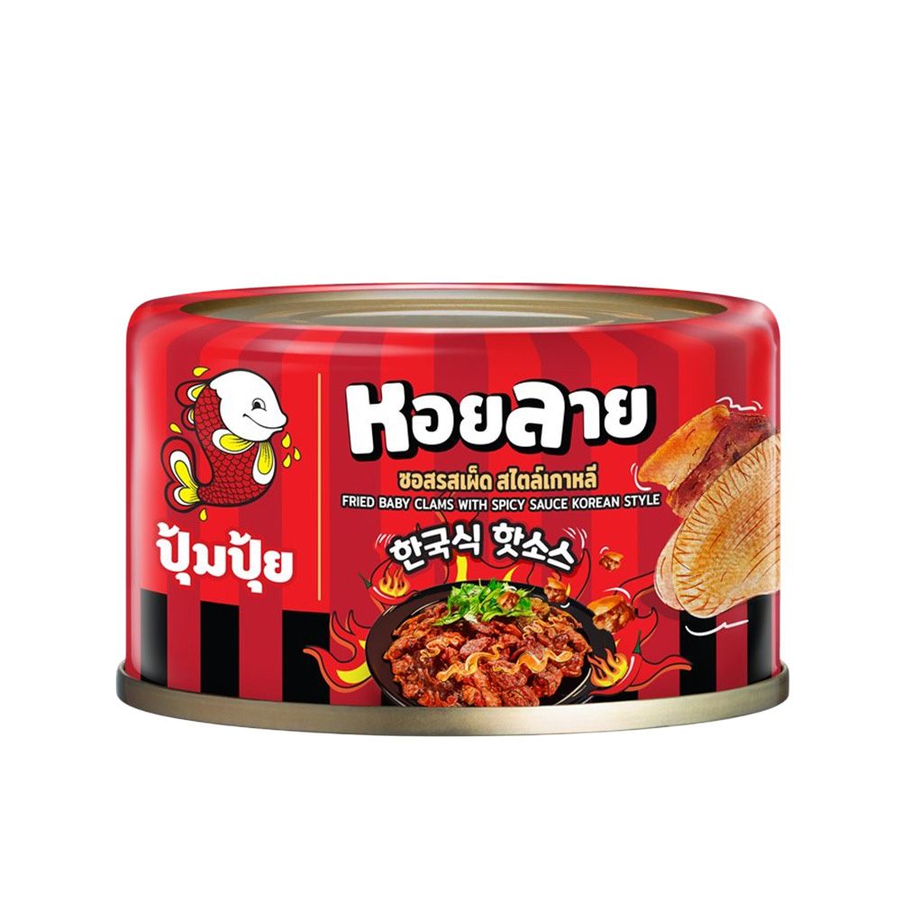 A can of baby clams in Korean style, featuring a bright red label with a cartoon white fish character, bold white and yellow text, and an image of the prepared spicy fried baby clams.