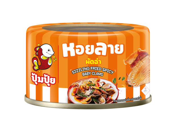 A can of Thai spicy baby clams labeled 'Hoi Lay' by the brand 'Pim Pim'. The packaging features a bright orange and white striped design with a cartoon fish logo, product text in Thai and English, and an image of the prepared food.