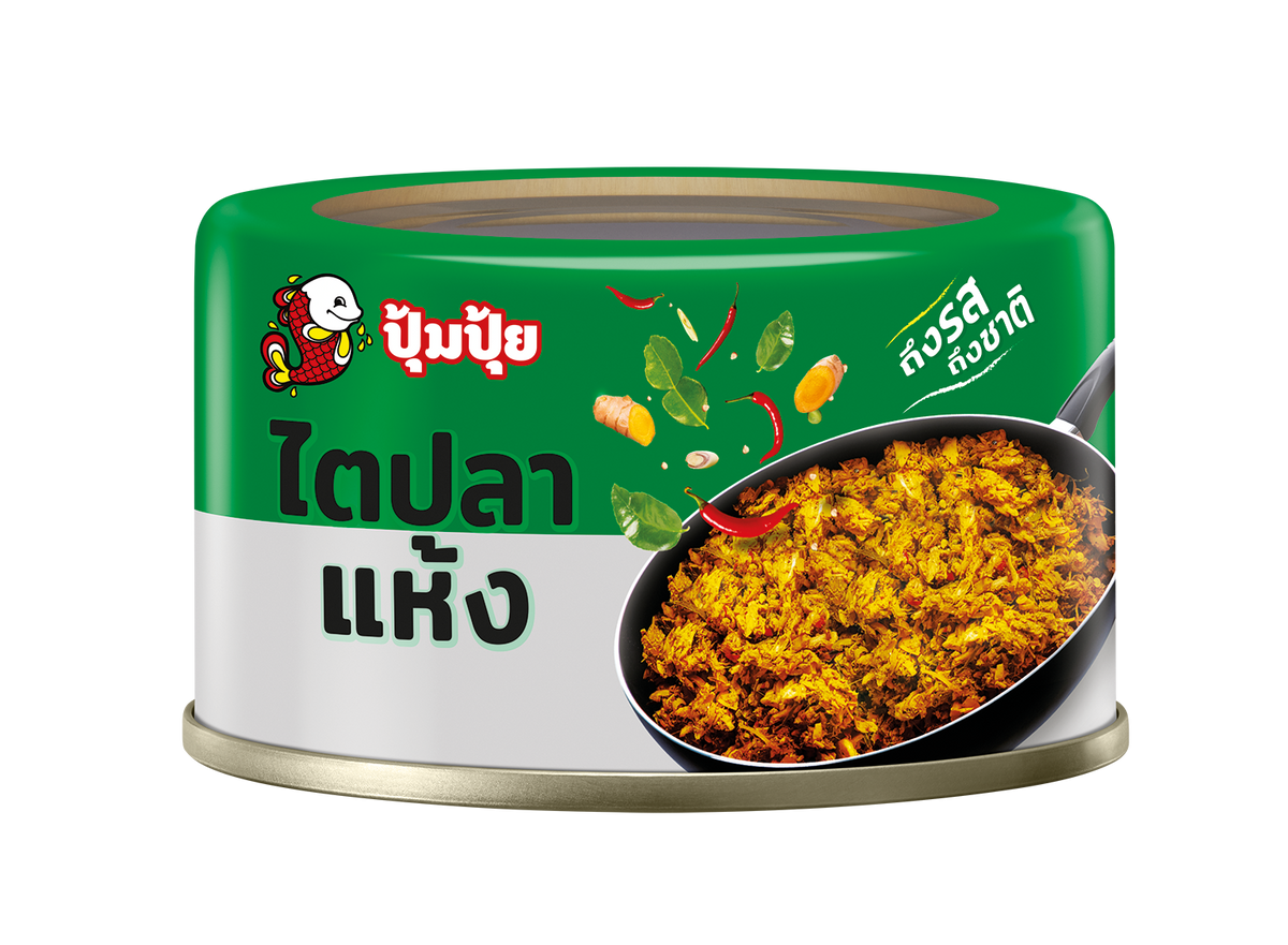 A can of Thai bird seasoning seasoning mix by the brand ปูบู่ (Poo Buee), featuring a green and white label with a photo of the seasoned ground meat inside a pan.