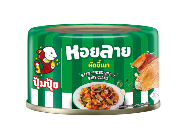 A can of Thai baby clam stir-fried sauce by Pim Poppy, featuring a green and white striped label with the brand&