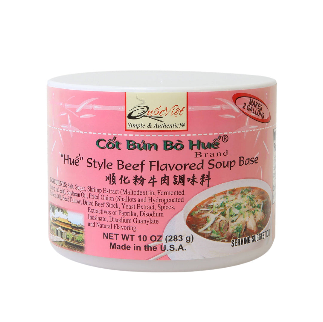 Cot Bun Bo Hue soup base container with pink label on a white background