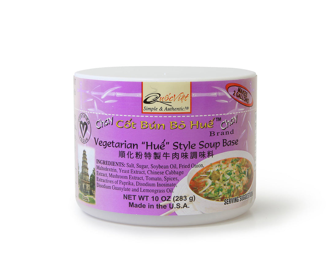 Container of Chay Cот Bun Bo Hue Vegetarian Hué Style Soup Base with purple label on white background