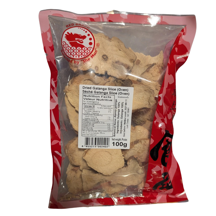 Red and white package of dried galangal slices with visible brand logo.