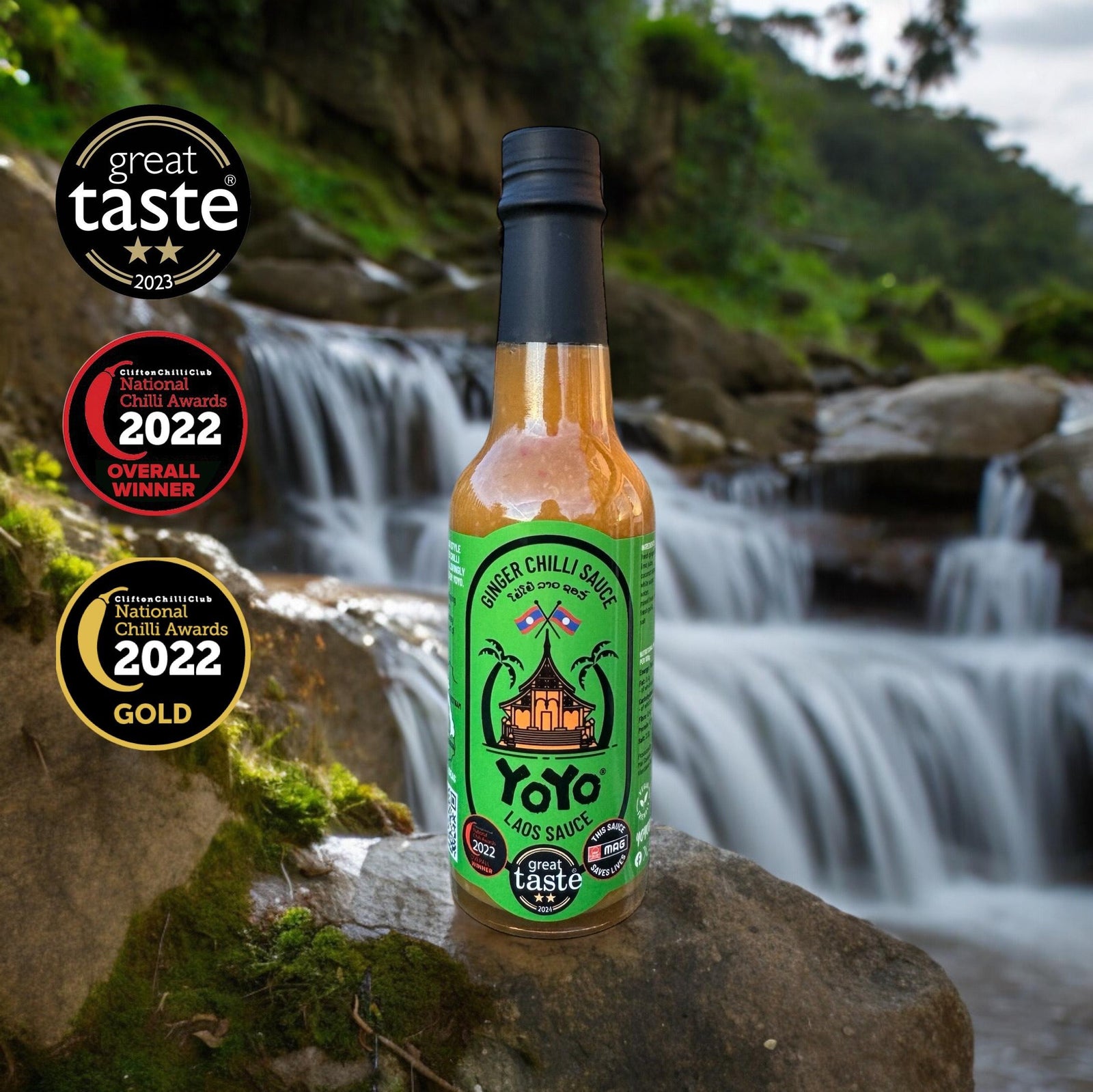 Yoyo Lao's Chilli Sauce bottle with awards against a natural background
