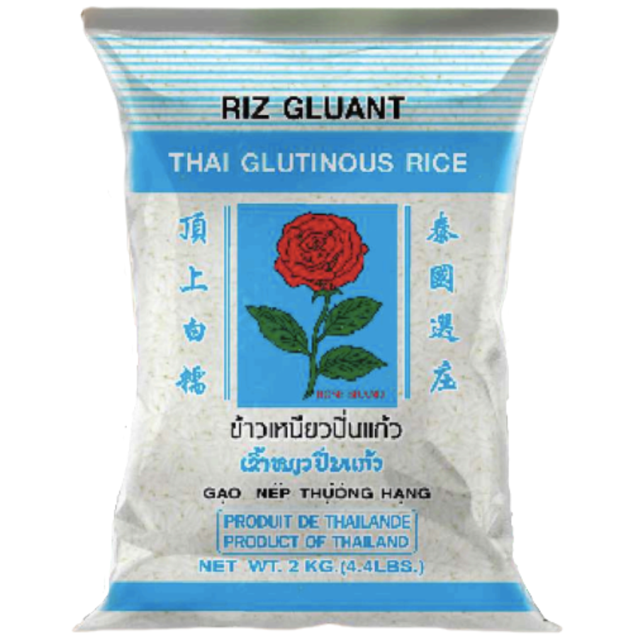 Bag of Thai Glutinous Rice with a red flower symbol on a white background