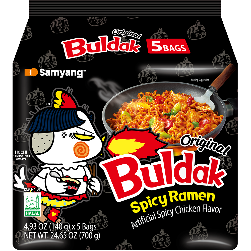 Packaging of Samyang Bulldak Spicy Ramen with character illustration on a black background