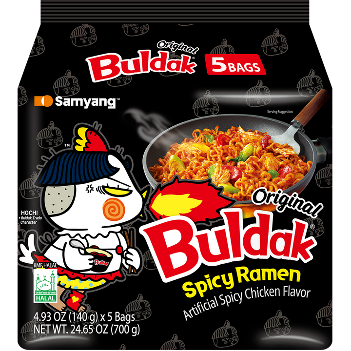 Packaging of Samyang Bulldak Spicy Ramen with character illustration on a black background
