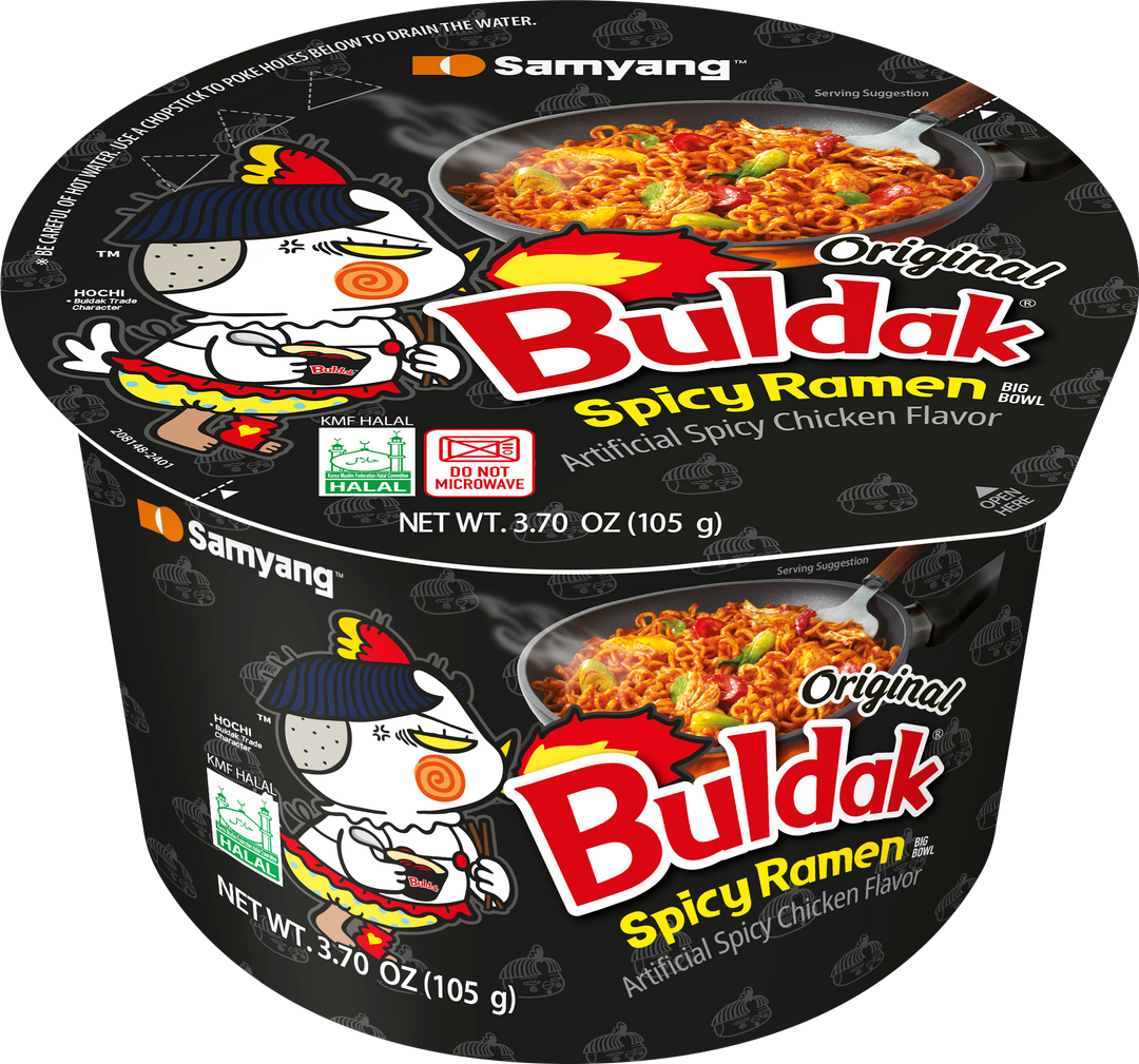 Samyang Bulldak Spicy Ramen packaging with cartoon characters on a black background