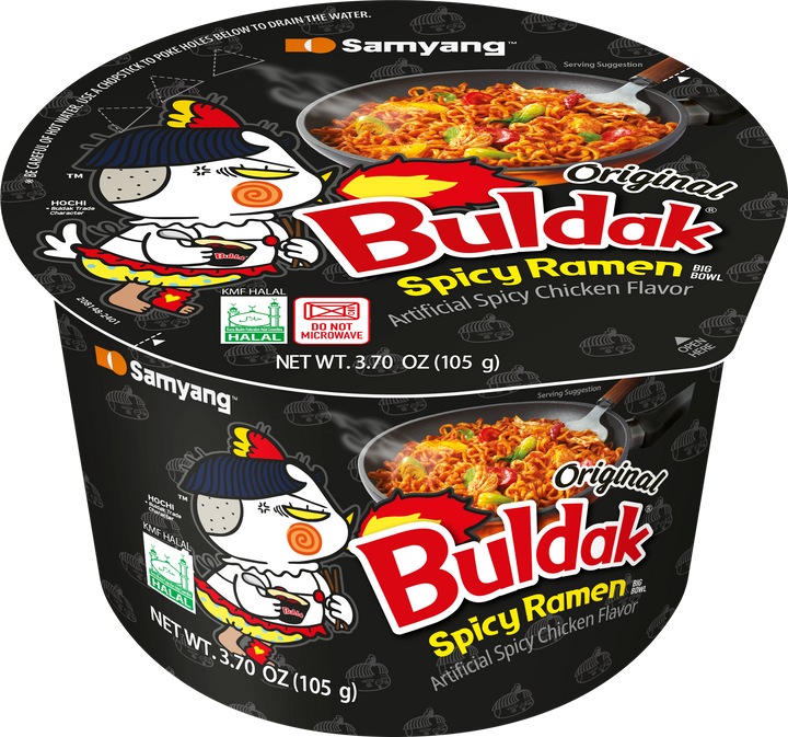 Samyang Bulldak Spicy Ramen packaging with cartoon characters on a black background