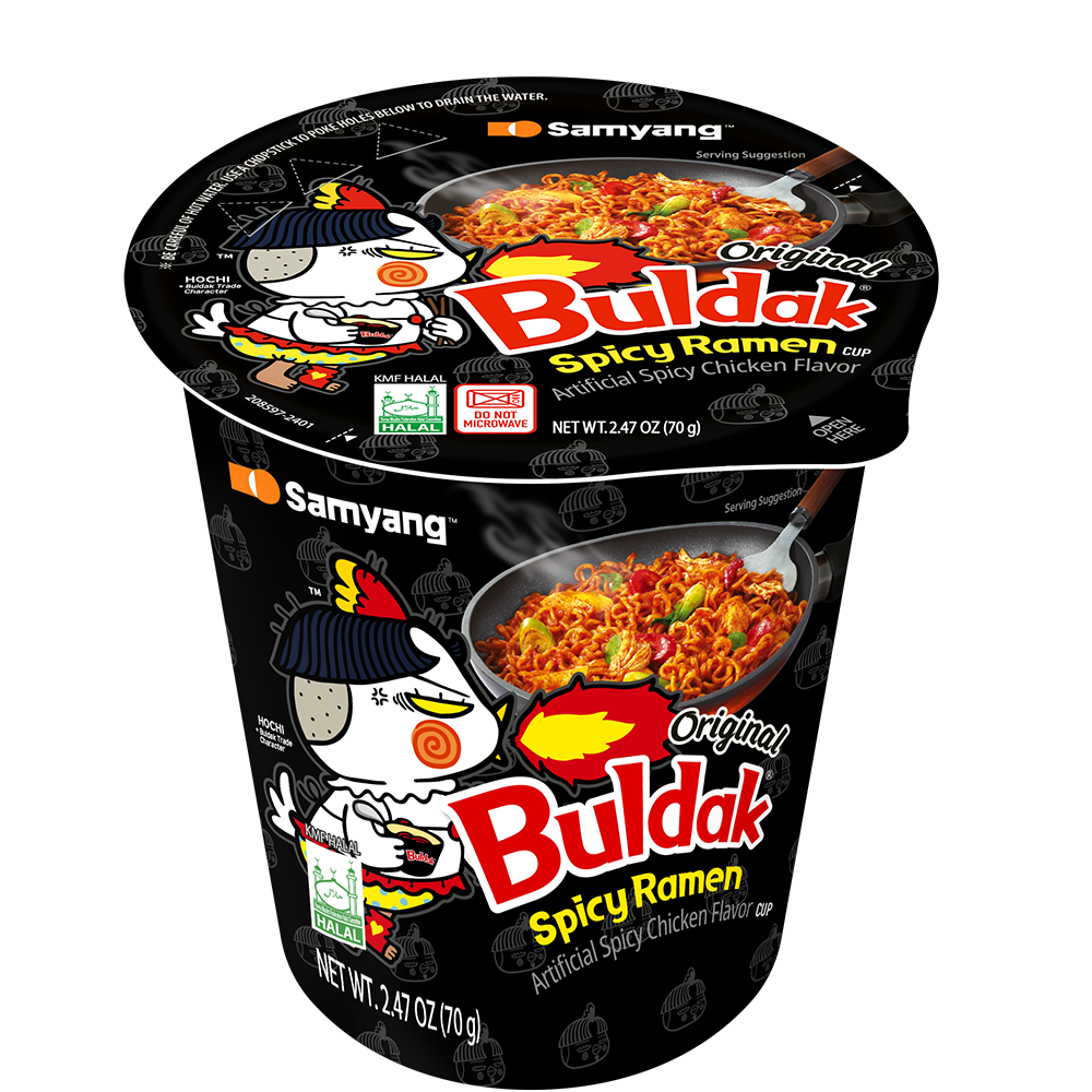 Samyang Buldak Spicy Ramen cup packaging on a white background