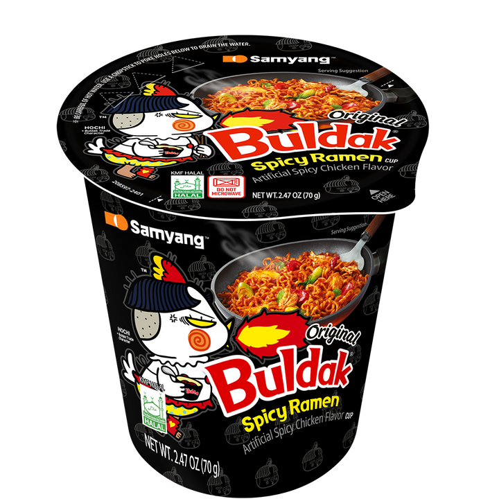 Samyang Buldak Spicy Ramen cup packaging on a white background