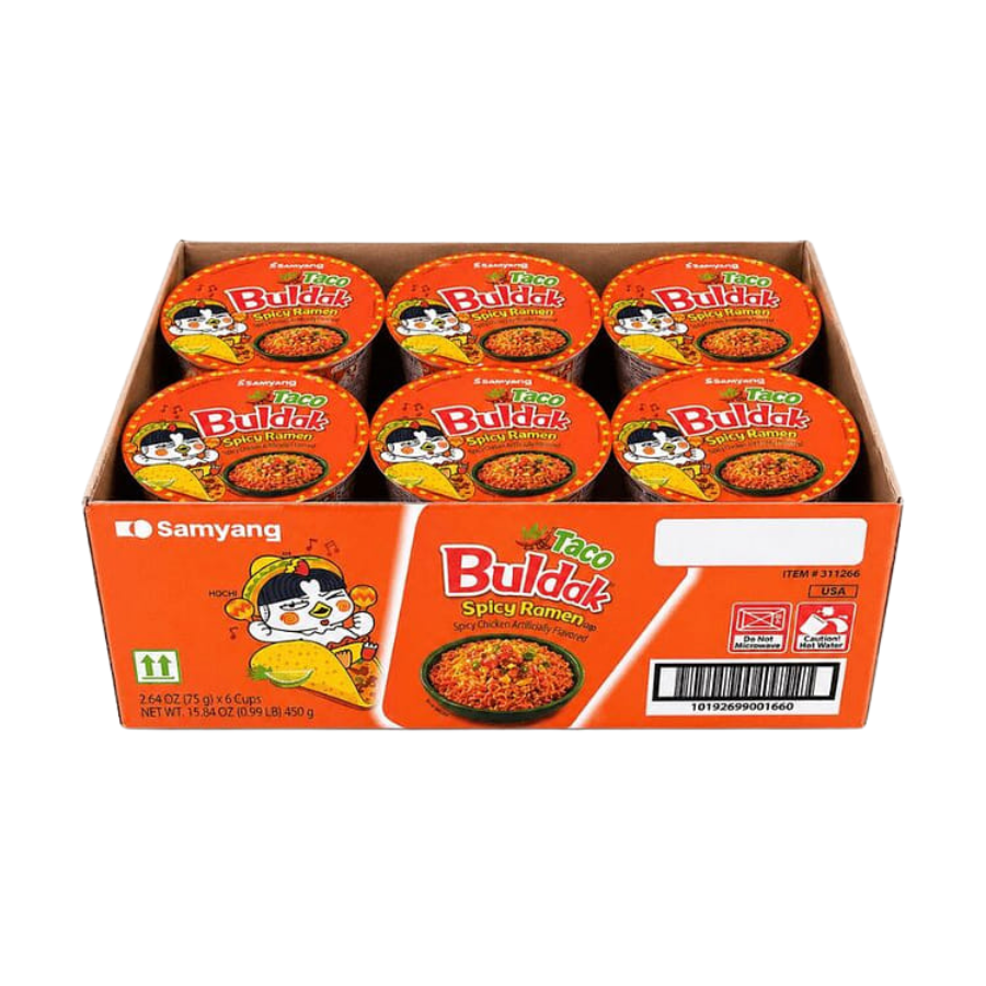 Box of Samyang Buldak Spicy Ramen cups on a white background