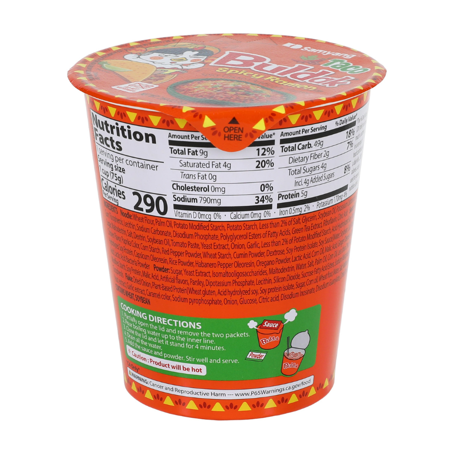 Cup of samyang buldak spicy chicken ramen taco flavor with nutritional facts and cooking directions on a white background