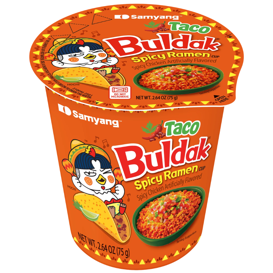 Samyang Taco Buldak Spicy Ramen cup packaging on a white background