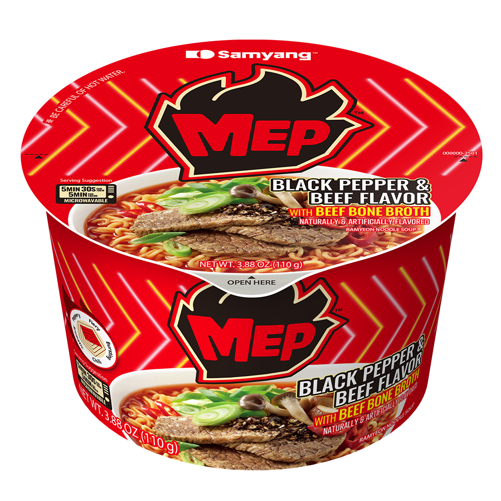 A Samyang Mep Black Pepper & Beef Flavor instant ramen bow package, featuring a bright red design with black and yellow branding and a bowl of prepared ramen pictured on the front.