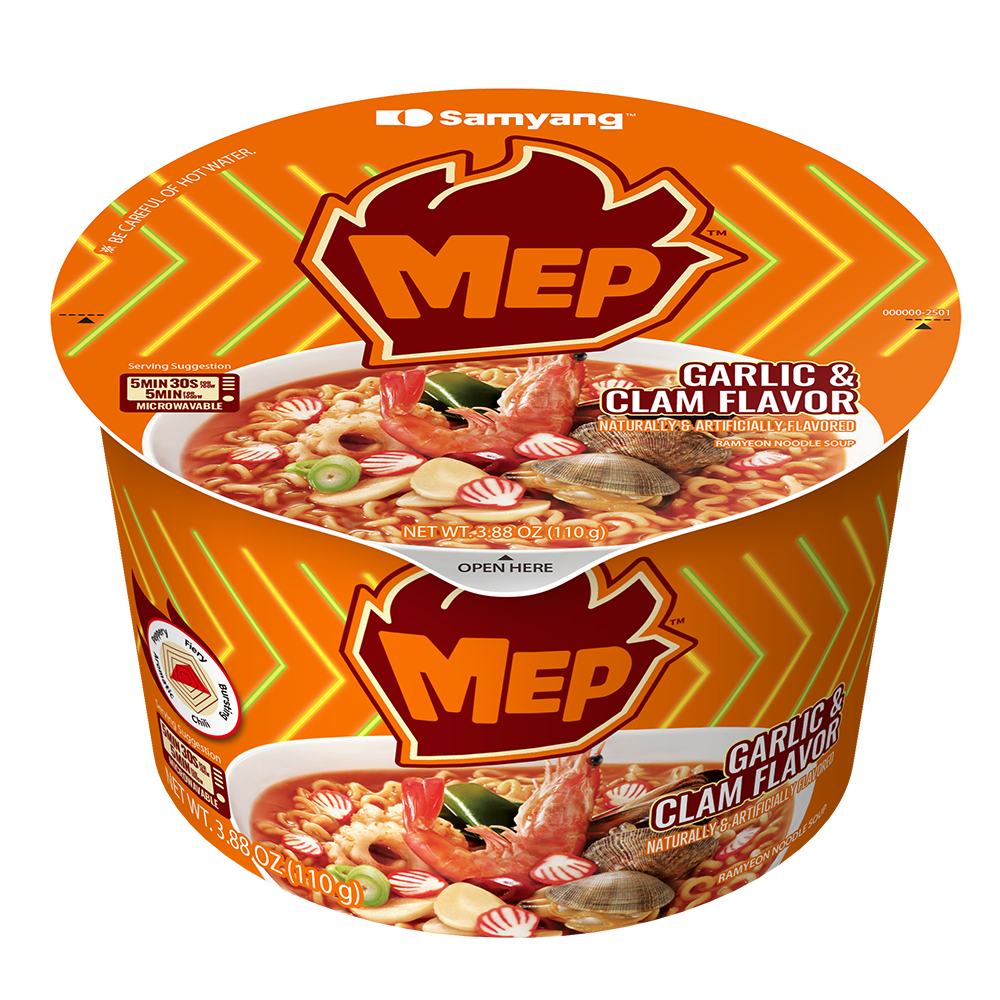A Samyang Mep Garlic & Clam Flavor instant ramen bowl package, featuring a bright orange and yellow design with a large red Mep logo and an illustration of the prepared seafood ramen inside.