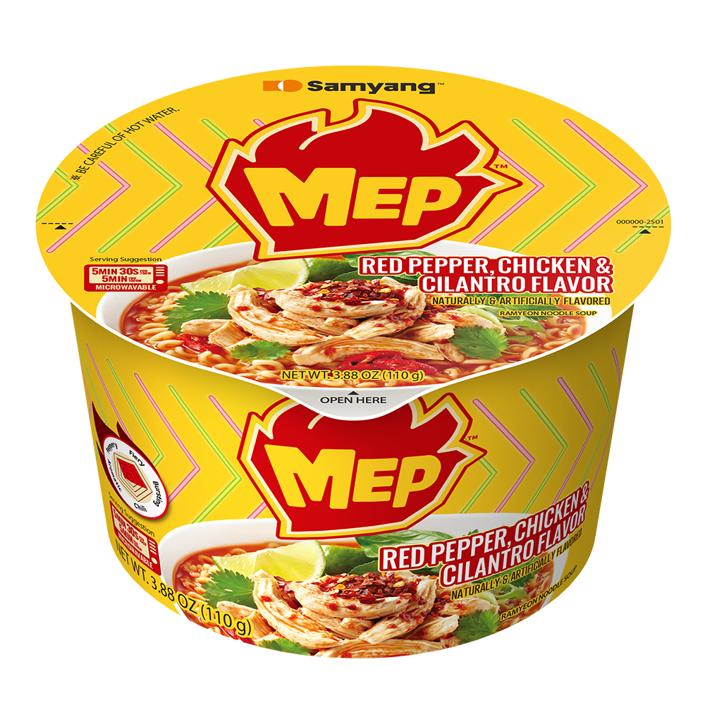 A Samyang Mep Red Pepper Chicken &amp; Cilantro Flavor instant ramen cup, featuring a bright yellow lid and container with red and green graphics, and a bowl of prepared ramen pictured on the front.