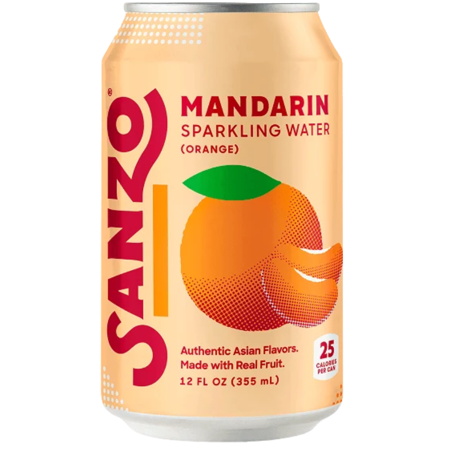 A 12 fl oz can of Sanzo Mandarin Sparkling Water (Orange) on a solid white background. The can features a light orange-peach gradient design with a graphic of a halftone orange and a green leaf, alongside the red Sanzo brand logo.